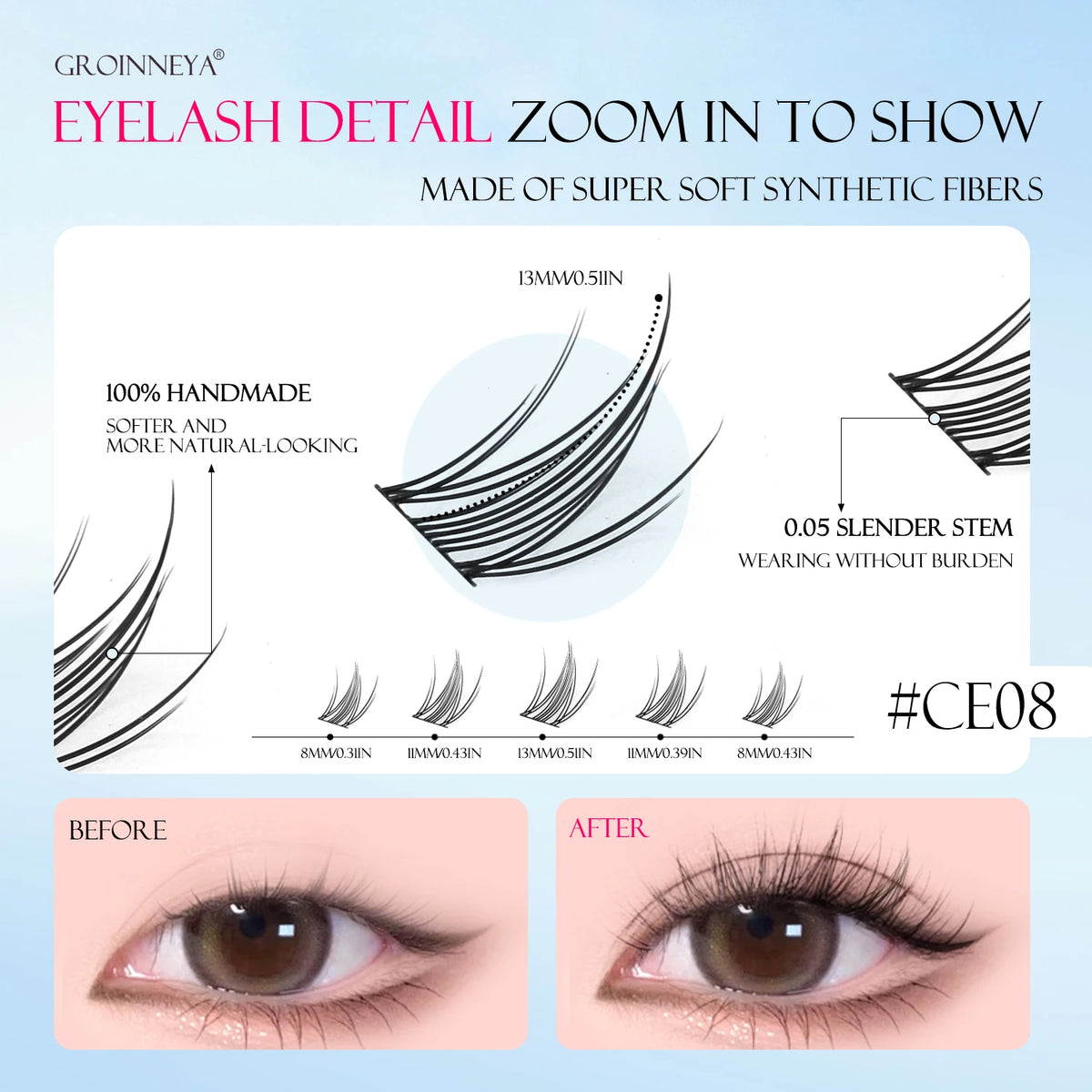 GROINNEYA Natural Cluster Lashes C Curl Manga Lashes Soft Cross Wispy Individual Cluster Anime Eyelashes Extension Eye Makeup