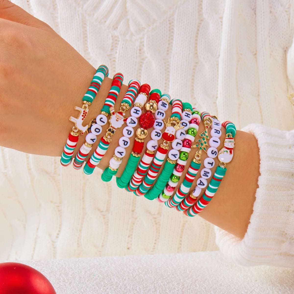 12Pcs/Set Christmas Bracelet Set Santa Claus Wreath Reindeer Xmas Tree Soft Clay Beaded Holiday Party Jewelry Gift For Women Men