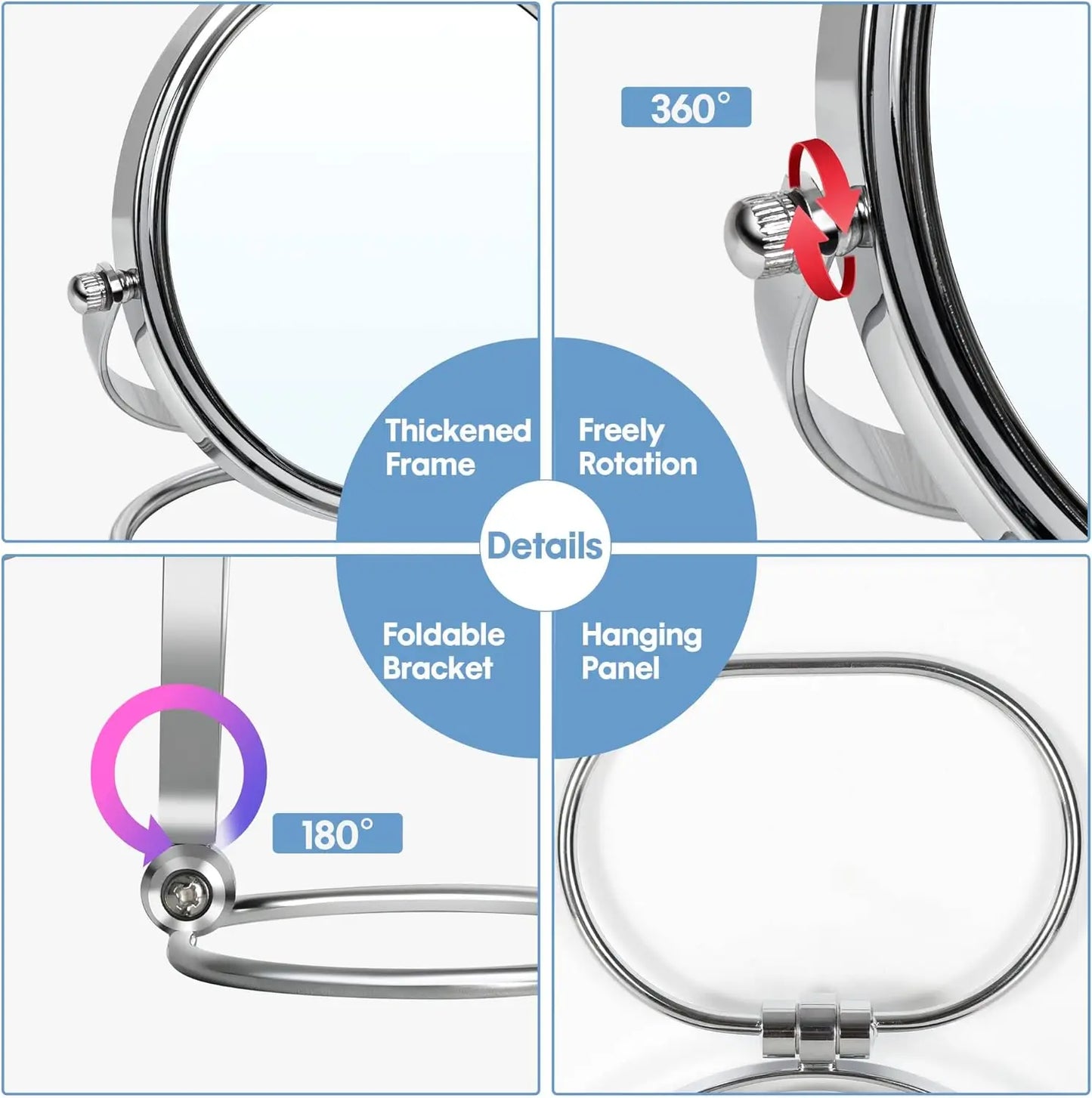 Two-Sided Makeup Mirror with Stand 1X and 10X Dual Sided Magnification Light weight&Portable Table Top Magnifying Vanity Mirror