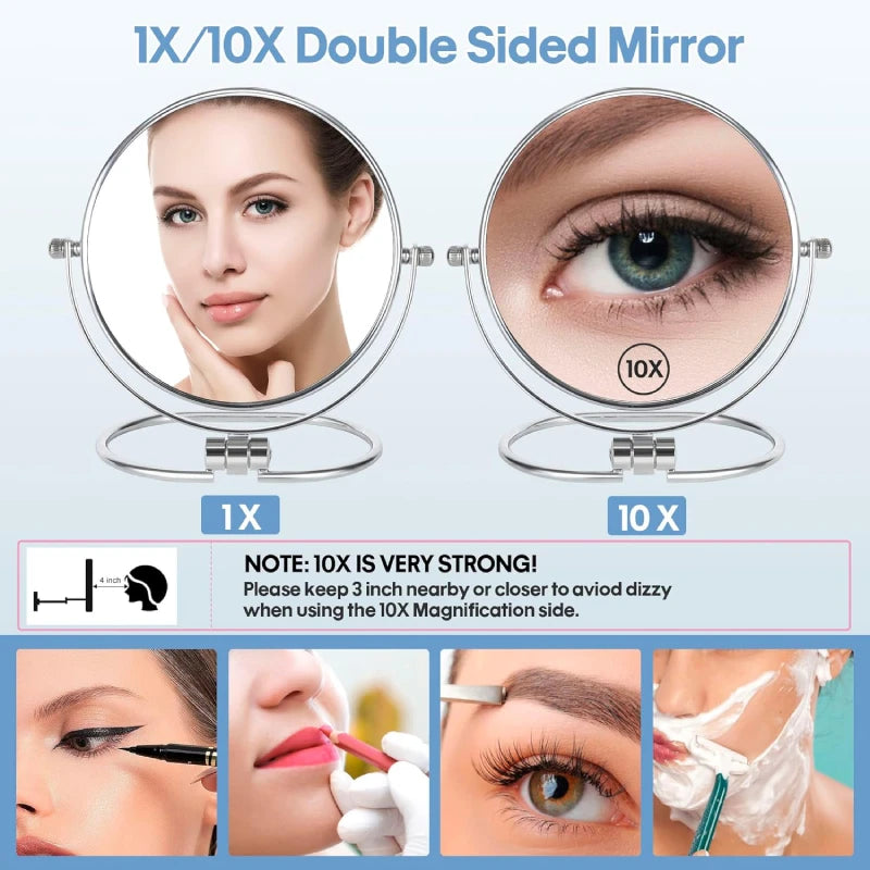 Two-Sided Makeup Mirror with Stand 1X and 10X Dual Sided Magnification Light weight&Portable Table Top Magnifying Vanity Mirror