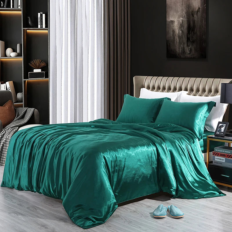 Luxury Satin  Bedding Set With Fitted Sheet Duvet Cover High End Bedding Sets High Density Satin  Solid Color Bedding