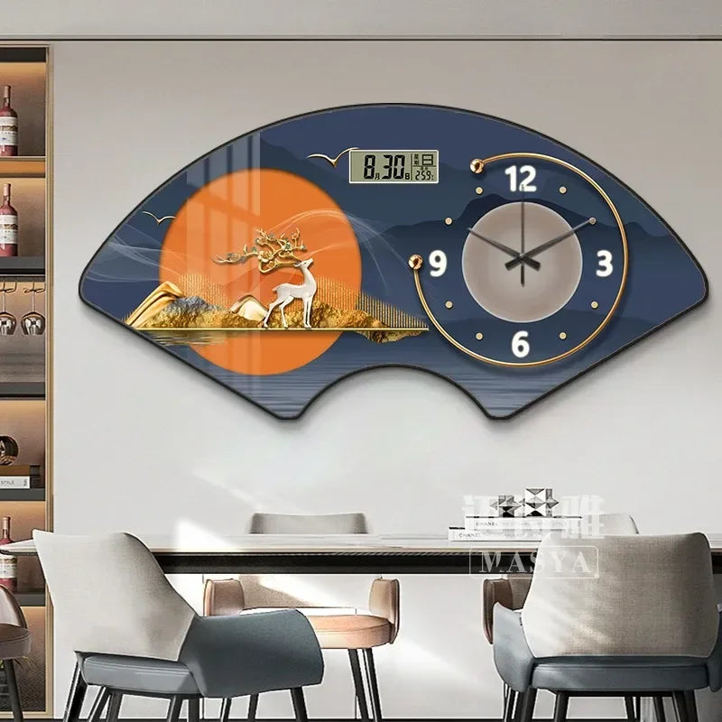 Perpetual calendar electronic clock wall clock Living room fan dining room decorative painting calendar clock hanging picture