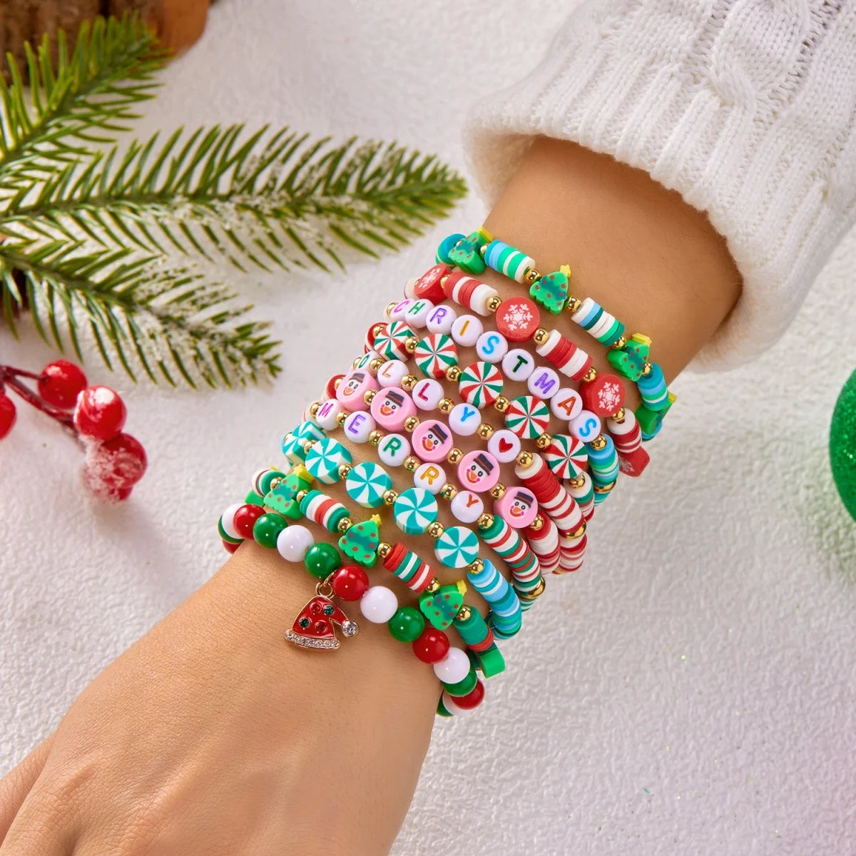 10Pcs/Set Multilayer Christmas Bracelet Snowman Tree Gift Box Snowflake Santa Claus Soft Clay Beads Bangle For Women Men Jewelry