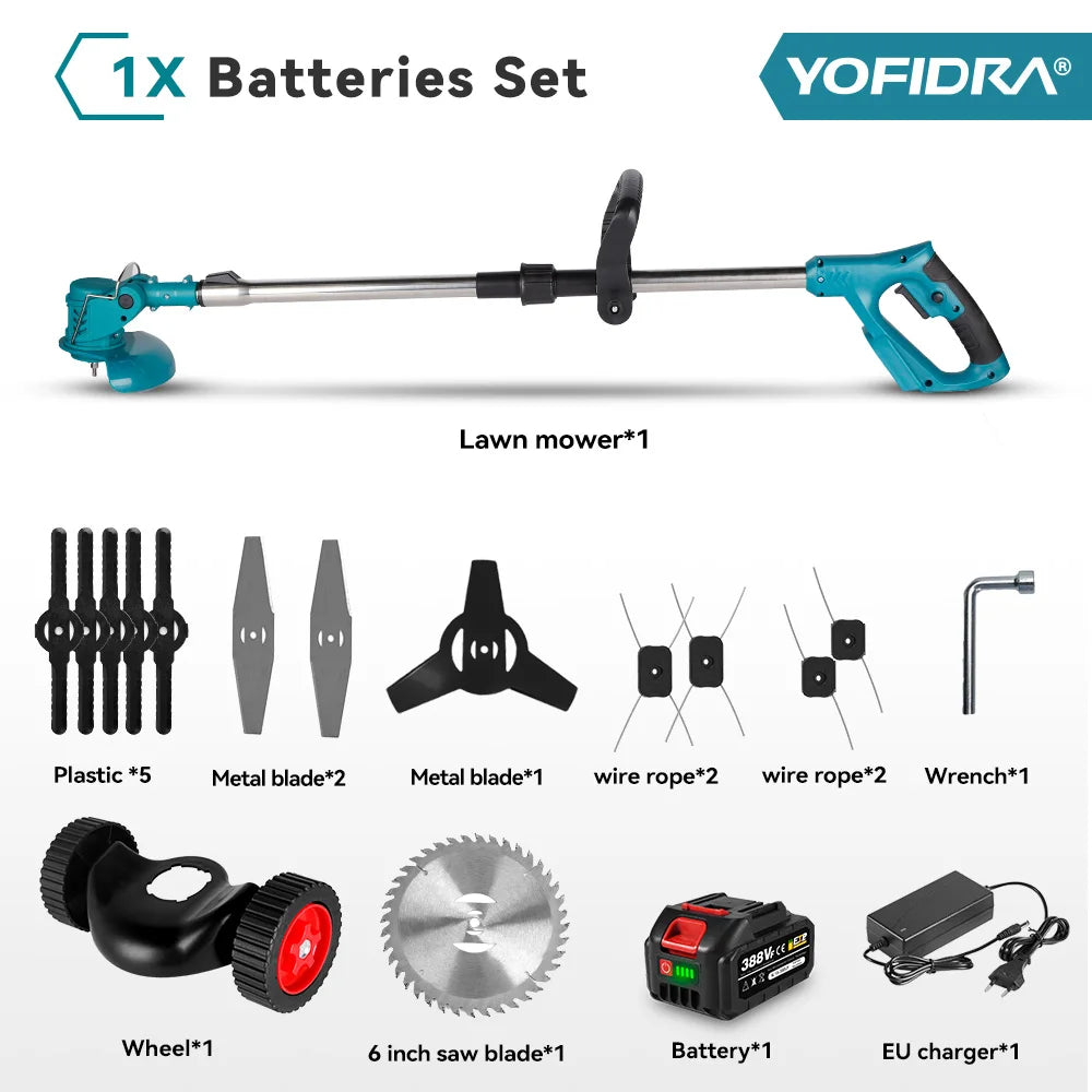 YOFIDRA Electric Lawn Mower Length Adjustable Cutter Cordless Garden Grass Cutting Trimmer Fit For 21V 18V Battery Pins