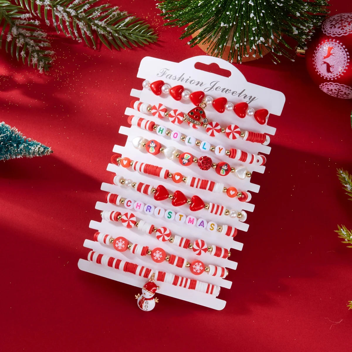 10Pcs/Set Multilayer Christmas Bracelet Snowman Tree Gift Box Snowflake Santa Claus Soft Clay Beads Bangle For Women Men Jewelry