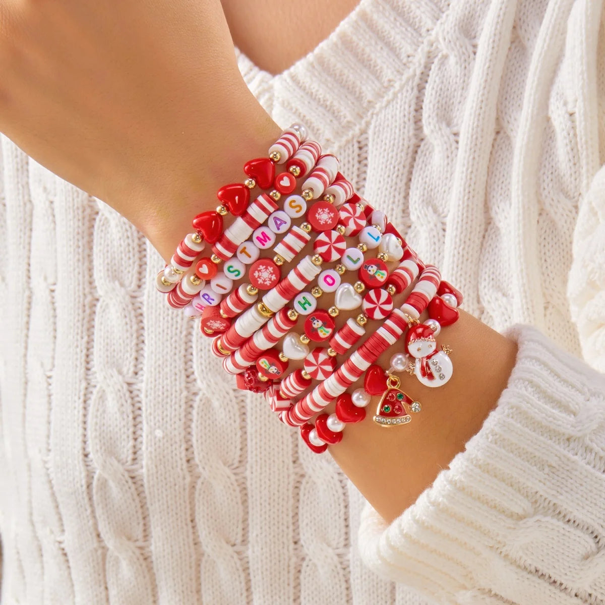 10Pcs/Set Multilayer Christmas Bracelet Snowman Tree Gift Box Snowflake Santa Claus Soft Clay Beads Bangle For Women Men Jewelry