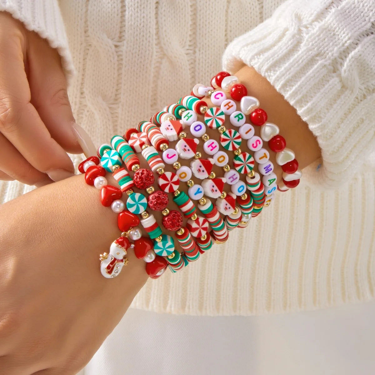 10Pcs/Set Multilayer Christmas Bracelet Snowman Tree Gift Box Snowflake Santa Claus Soft Clay Beads Bangle For Women Men Jewelry