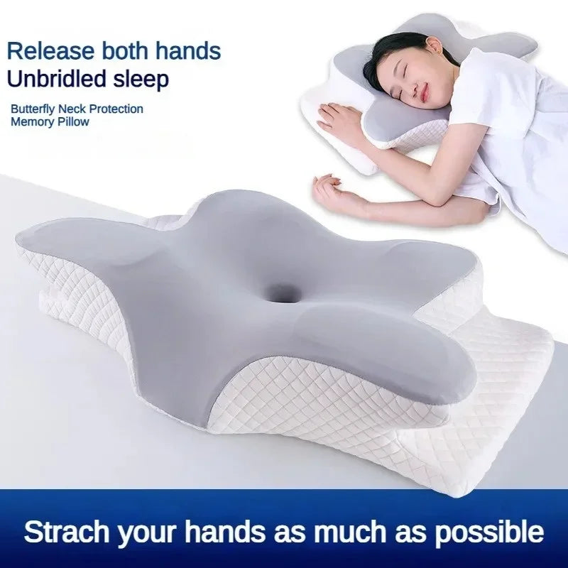 Butterfly-shaped memory foam neck pillow, slow rebound, orthopedic, relieves pain, aids sleep