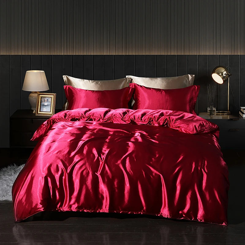 Luxury Satin  Bedding Set With Fitted Sheet Duvet Cover High End Bedding Sets High Density Satin  Solid Color Bedding