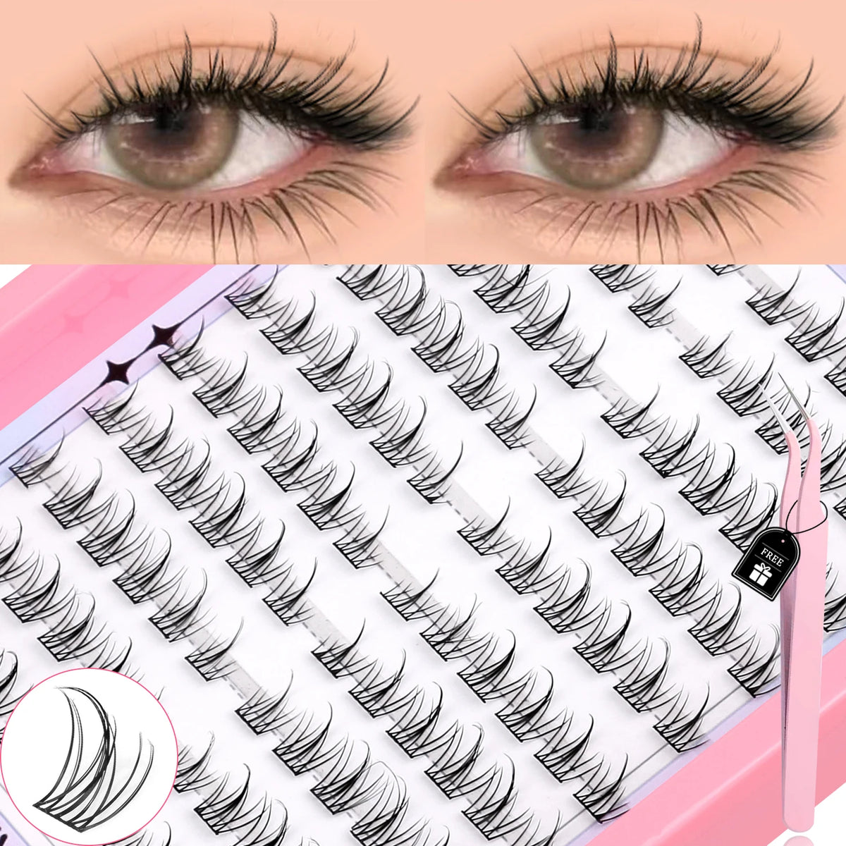 GROINNEYA Natural Cluster Lashes C Curl Manga Lashes Soft Cross Wispy Individual Cluster Anime Eyelashes Extension Eye Makeup