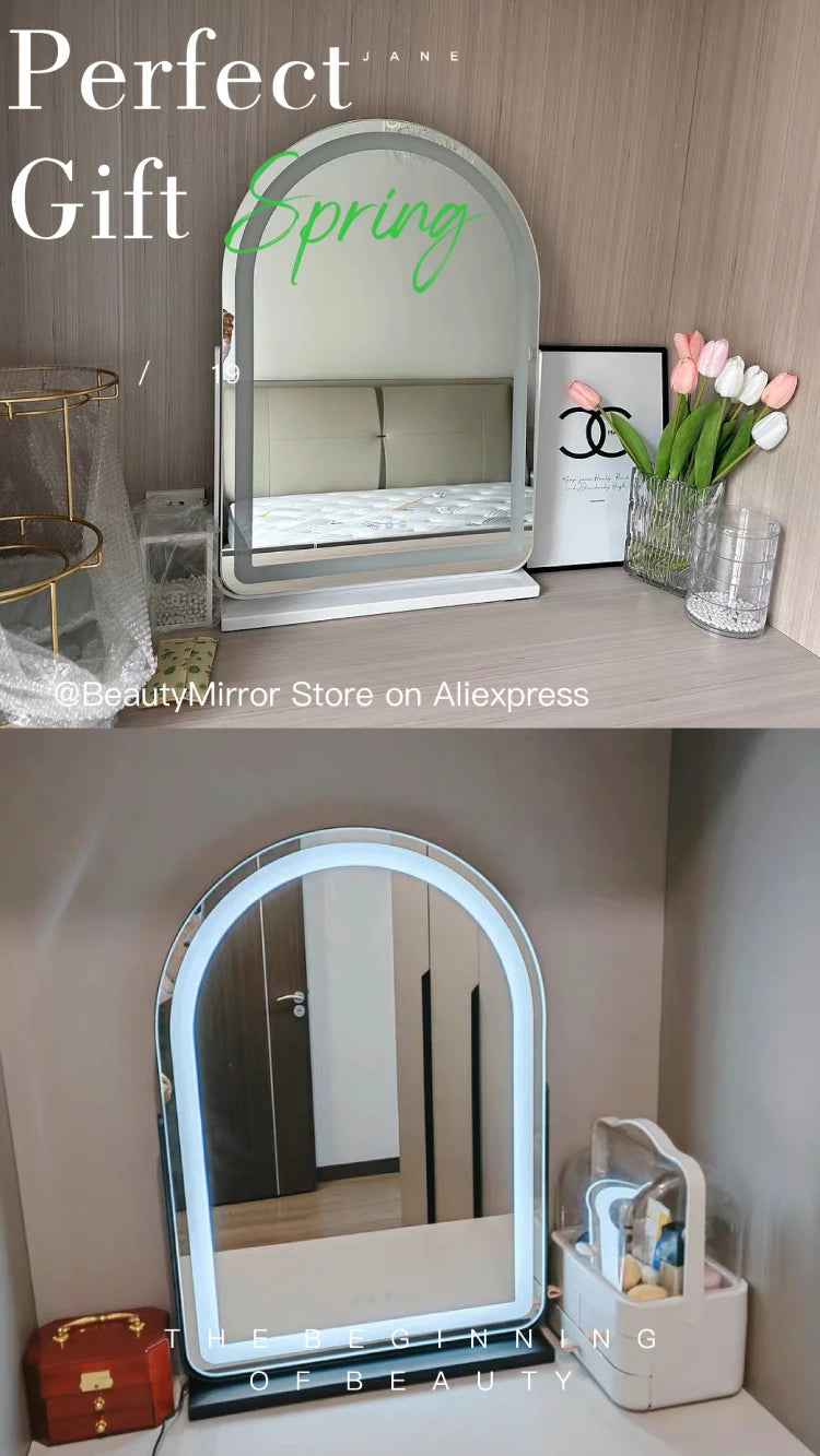 LED Lighted Arched Large Vanity Lighted Makeup Mirror for Bedroom Smart Touch Control 3 Color Lighting Modes Detachable 15x