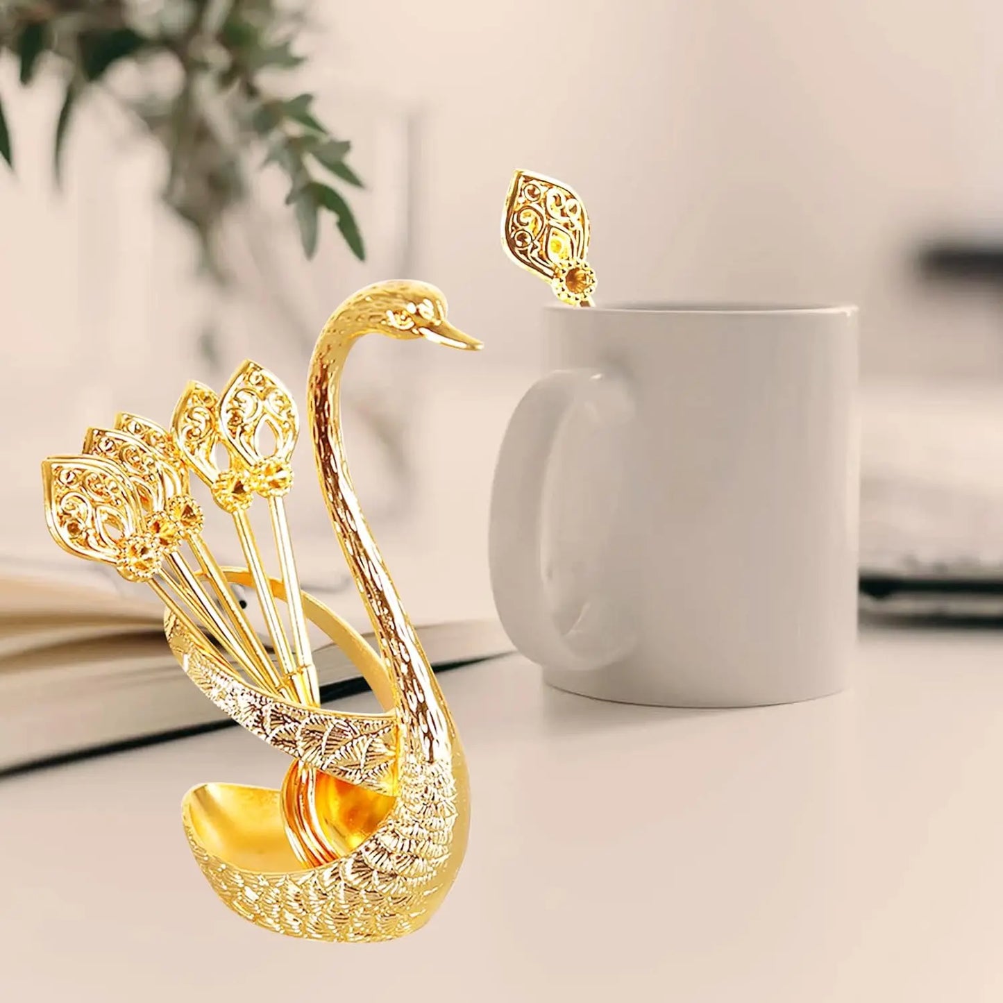 Ice Cream Cake Coffee Tea Stirring Spoons Dessert Swan Holder Cutlery Spoons Set Cutlery Kitchen Tableware 1 Set of 7 Pieces