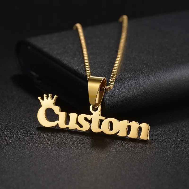 Royal Elegance: Custom Stainless Steel Name Necklace with Crown Pendant & Thick Chain