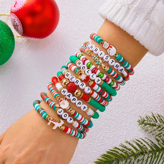 12Pcs/Set Christmas Bracelet Set Santa Claus Wreath Reindeer Xmas Tree Soft Clay Beaded Holiday Party Jewelry Gift For Women Men