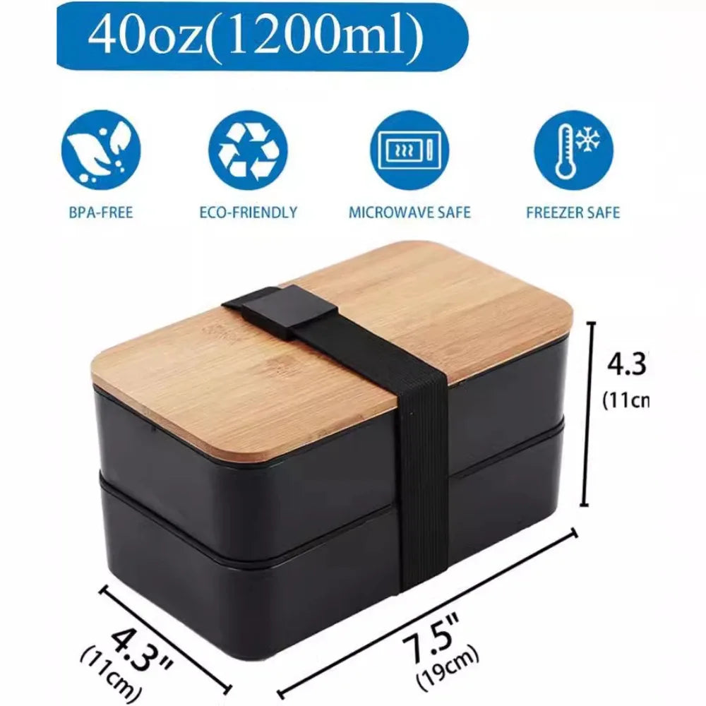 1200ML Divided Lunch Box Picnic Microwave Wooden Cover Japanese Bento Box Portable Double Layer Food Container For Kids