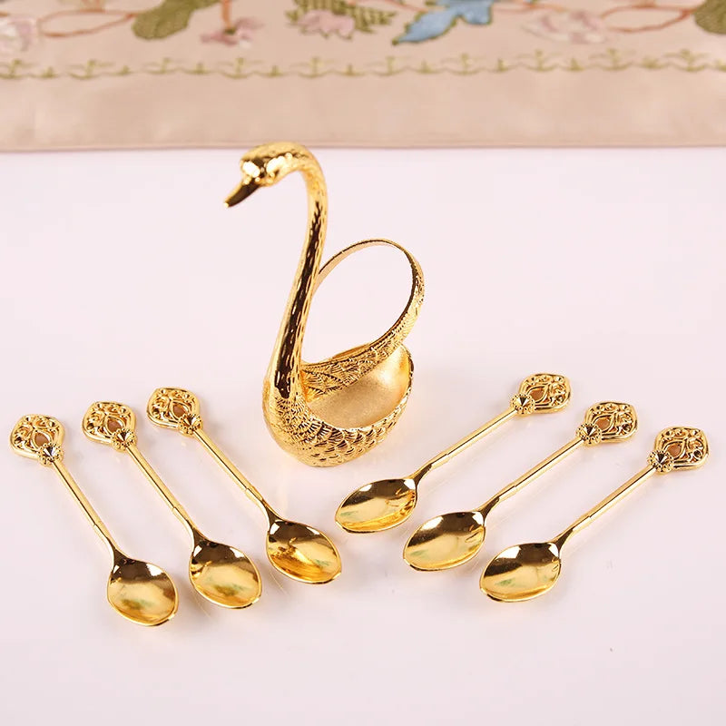 Ice Cream Cake Coffee Tea Stirring Spoons Dessert Swan Holder Cutlery Spoons Set Cutlery Kitchen Tableware 1 Set of 7 Pieces