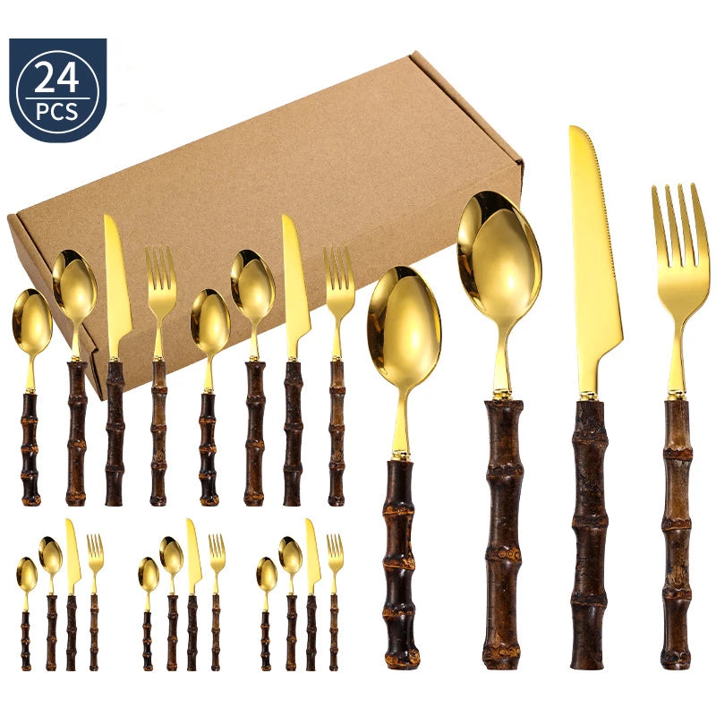 Black Nature Bamboo Dinnerware Sets Stainless Steel Upscale Cutlery Fork Spoon Home Kitchen Tableware Gold and Silver