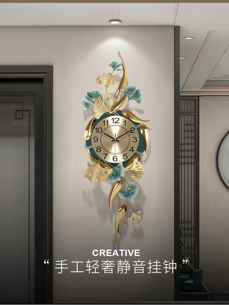 Living Room Creative Metal Decorative Clock Ginkgo Leaf Fish Large Wall Clock Hotel Lobby Home Porch Decorations Silent Watch