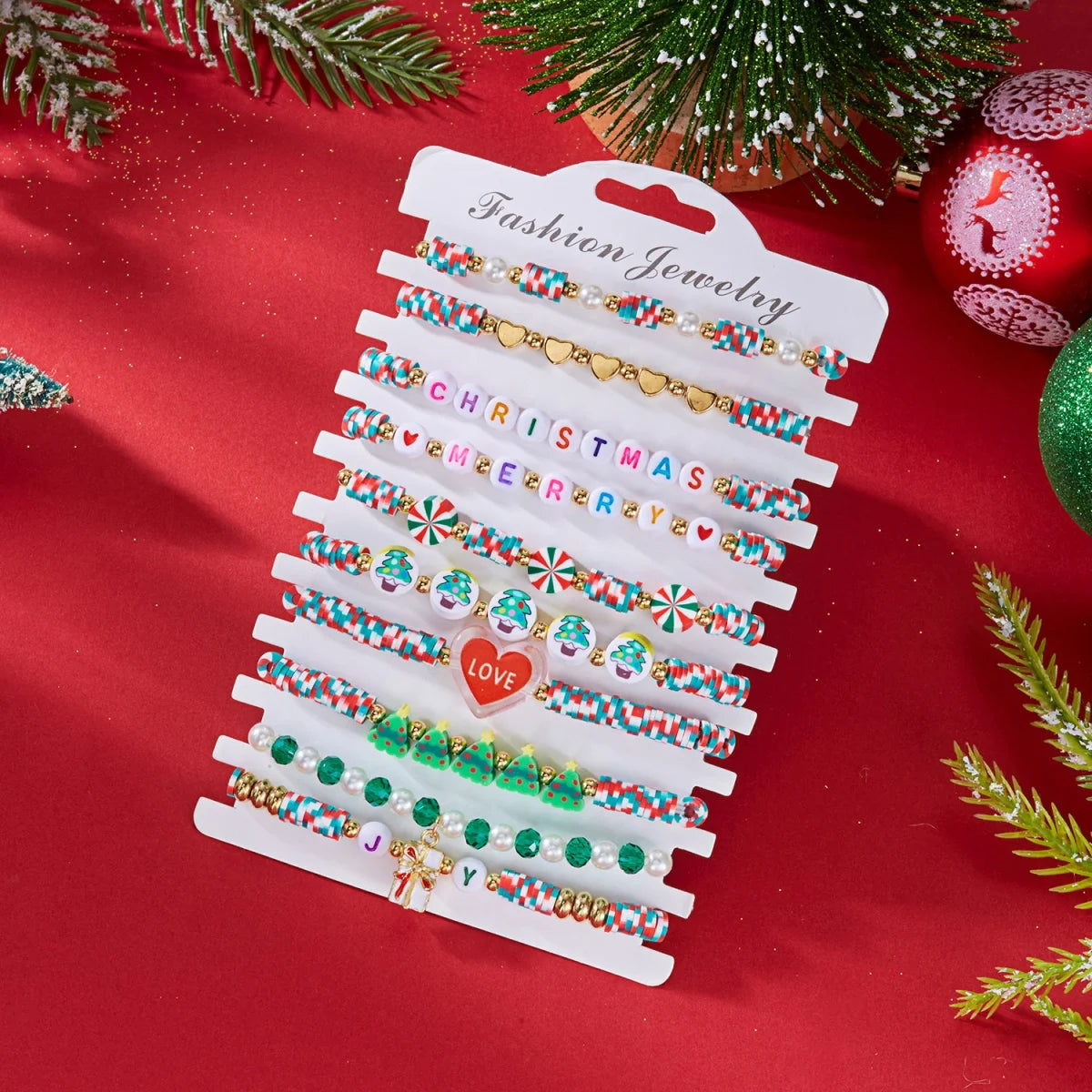 10Pcs/Set Multilayer Christmas Bracelet Snowman Tree Gift Box Snowflake Santa Claus Soft Clay Beads Bangle For Women Men Jewelry