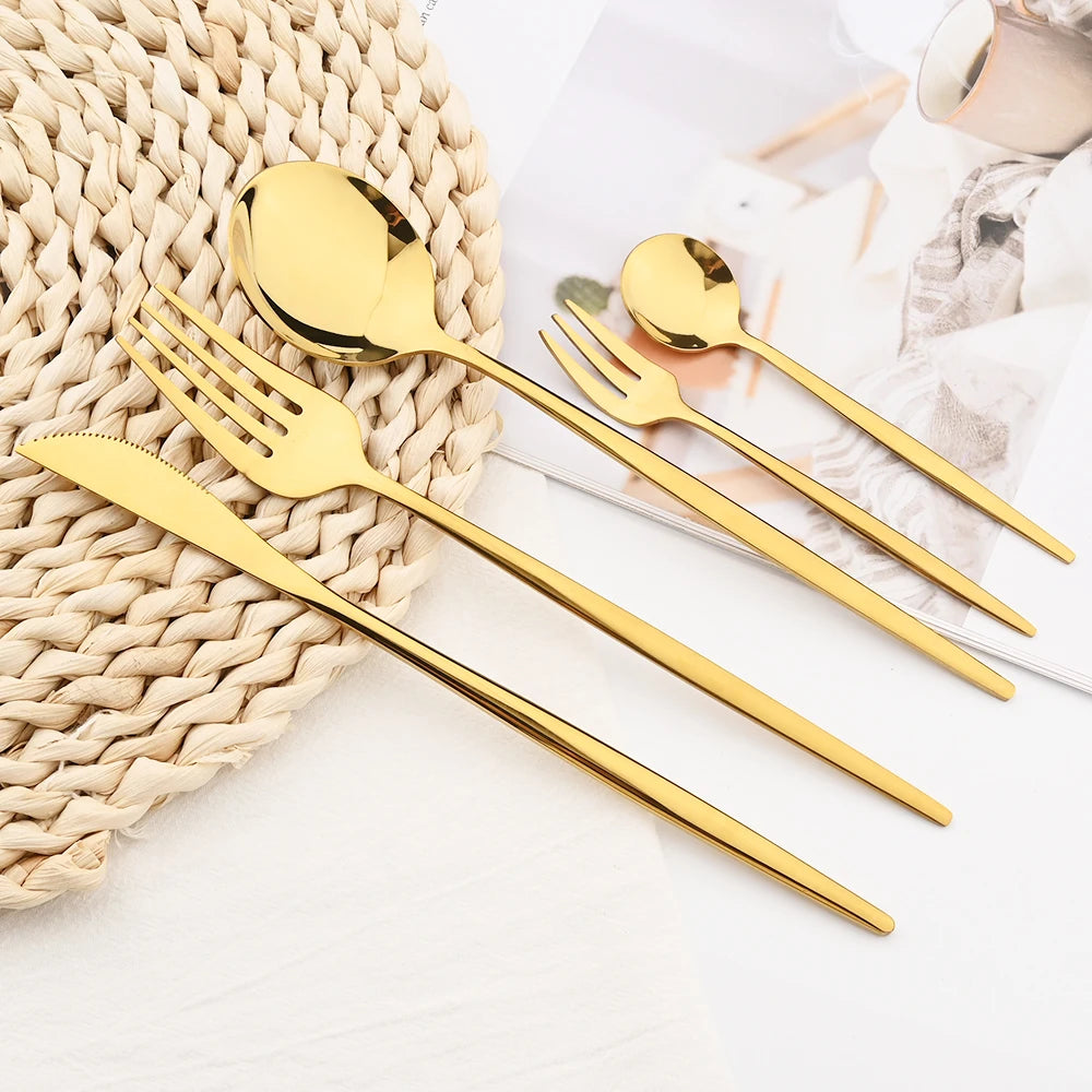 36pcs Black Gold Cutlery Set Knife Fork Spoon Chopsticks Dinnerware Set Stainless Steel Cake Forks Teaspoons Tableware Flatware