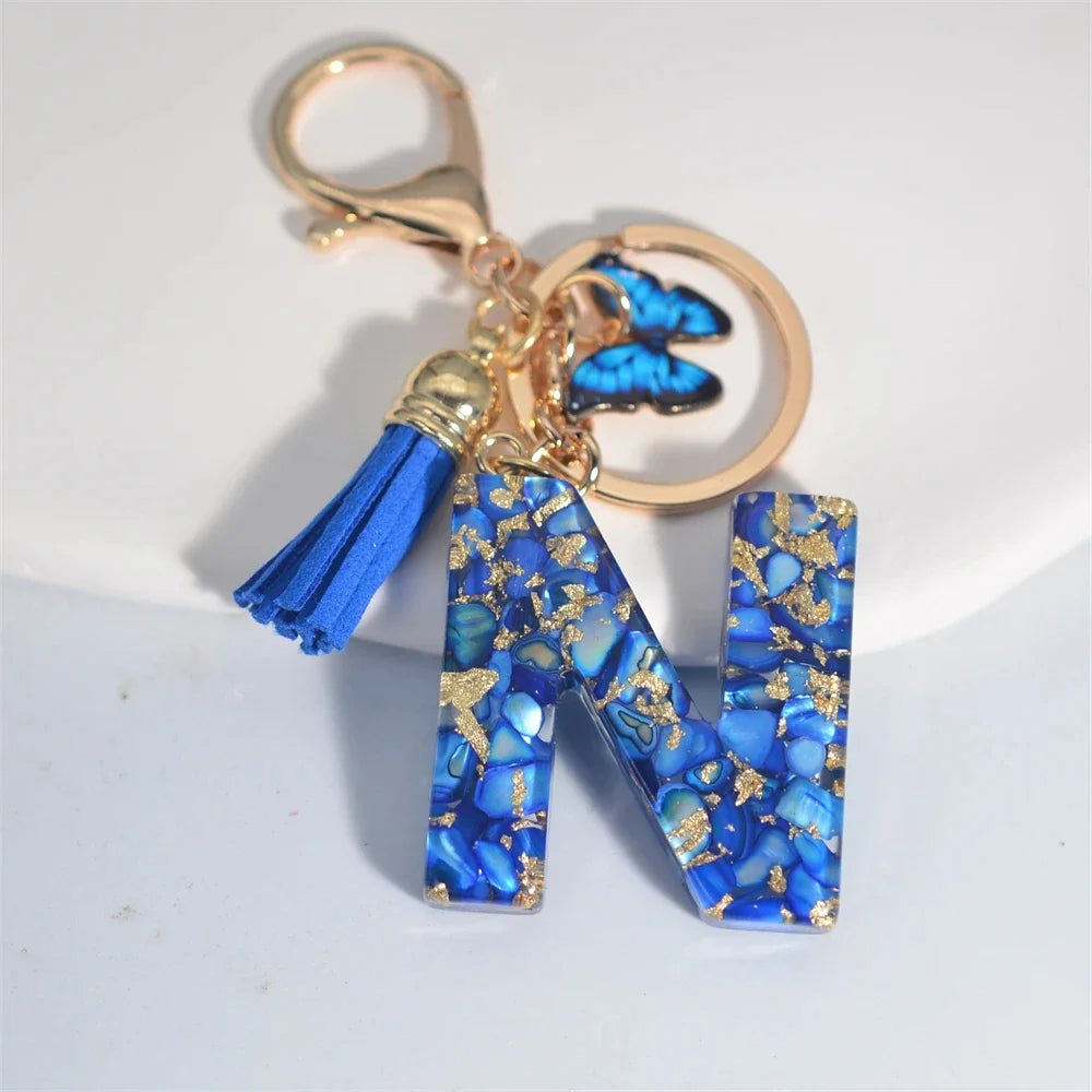 Personalized Glazed Stone Letter Keychain – Elegant A–Z Monogram with Tassel & Butterfly