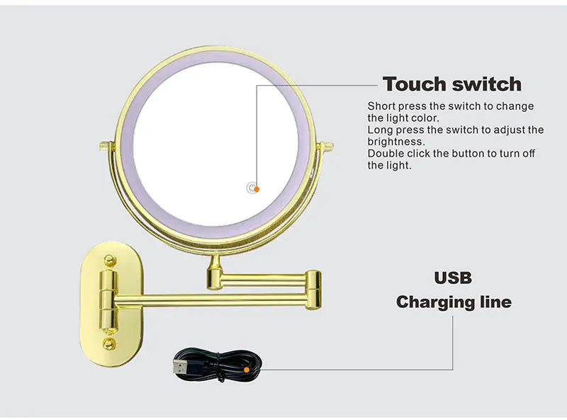 8 Inch Gold Wall Mounted Makeup LED Mirror 3X-10X Magnifying USB Charing Double Side Bathroom Smart 3 color Cosmetic Mirror