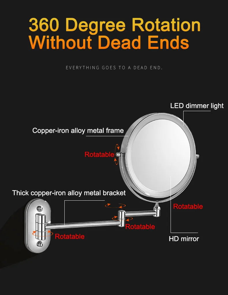 Wall Folding Makeup HD Mirror Double Side Fill Light Magnifying USB Charging Led Tricolor Dimming Bathroom Cosmetic Mirrors