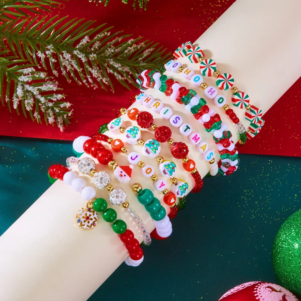 10Pcs/Set Multilayer Christmas Bracelet Snowman Tree Gift Box Snowflake Santa Claus Soft Clay Beads Bangle For Women Men Jewelry