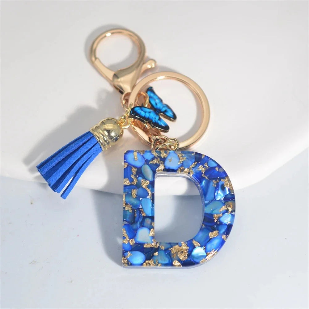 Personalized Glazed Stone Letter Keychain – Elegant A–Z Monogram with Tassel & Butterfly
