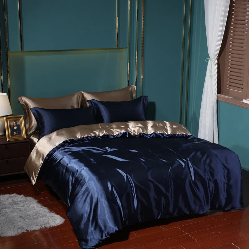 Luxury Satin  Bedding Set With Fitted Sheet Duvet Cover High End Bedding Sets High Density Satin  Solid Color Bedding