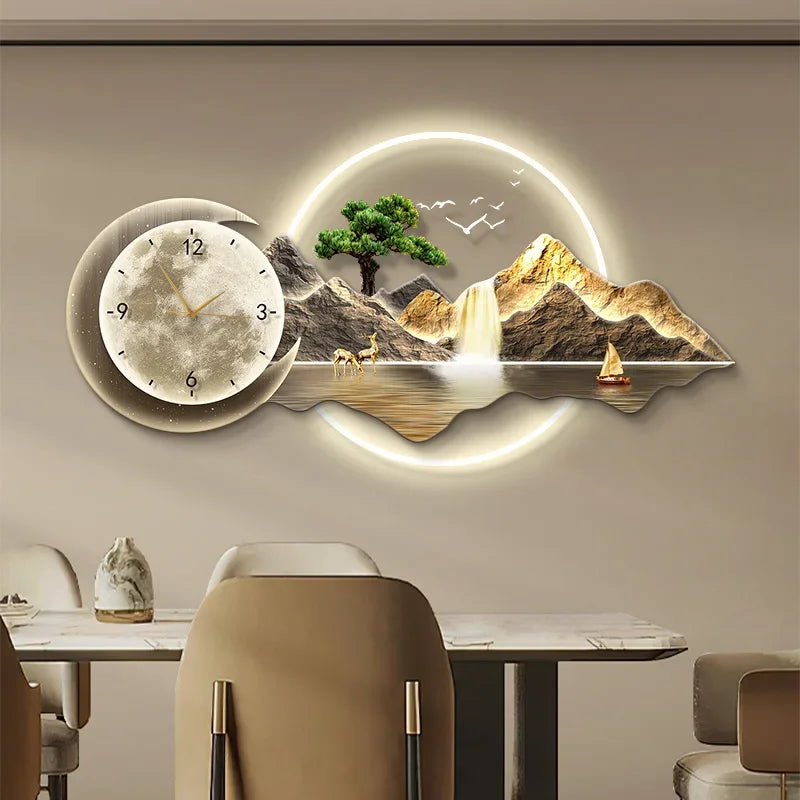 Restaurant Decoration Painting Clock Silent Luxury High Grade Luminous Landscape Mural