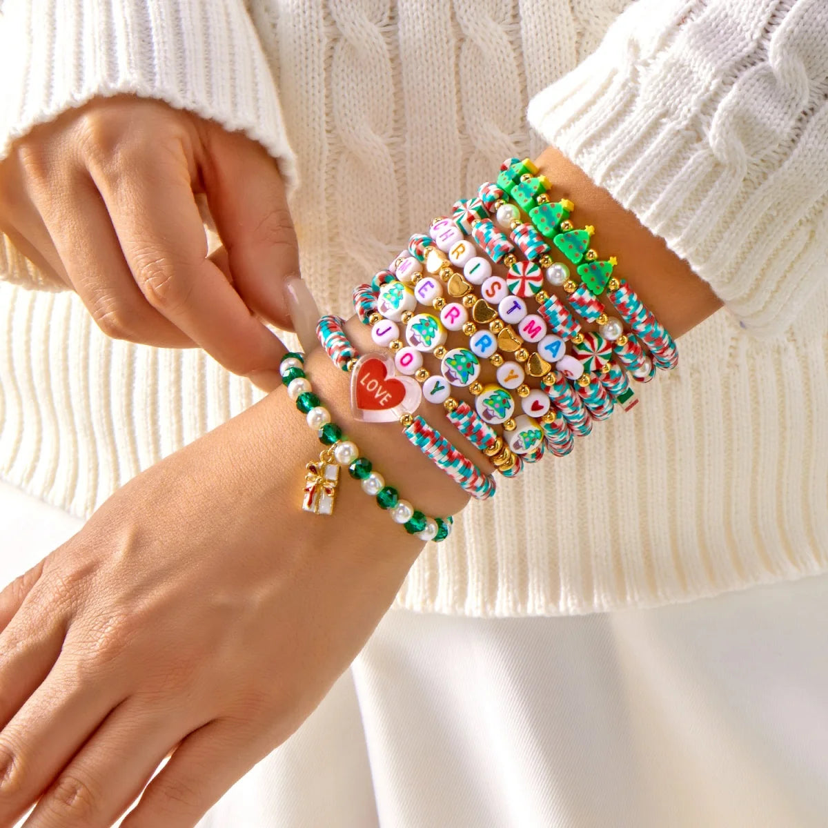 10Pcs/Set Multilayer Christmas Bracelet Snowman Tree Gift Box Snowflake Santa Claus Soft Clay Beads Bangle For Women Men Jewelry