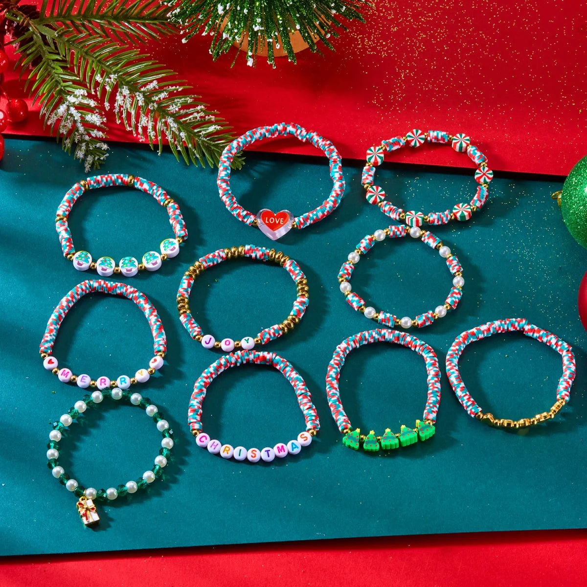 10Pcs/Set Multilayer Christmas Bracelet Snowman Tree Gift Box Snowflake Santa Claus Soft Clay Beads Bangle For Women Men Jewelry