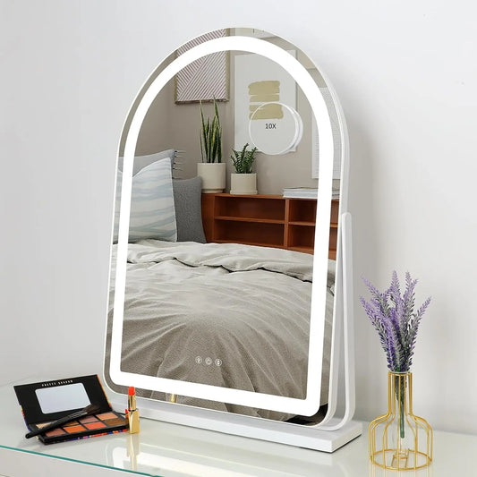 LED Lighted Arched Large Vanity Lighted Makeup Mirror for Bedroom Smart Touch Control 3 Color Lighting Modes Detachable 15x