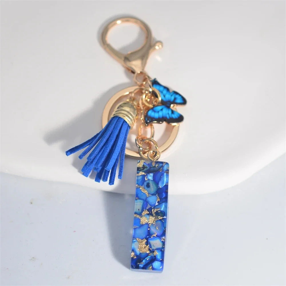 Personalized Glazed Stone Letter Keychain – Elegant A–Z Monogram with Tassel & Butterfly