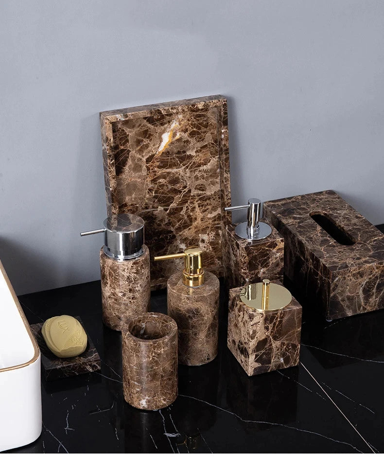 Emperador Dark Natural Marble Bathroom Set Brown Luxury Toothbrush Holder Soap Dish Soap Dispenser Bathroom Accessories