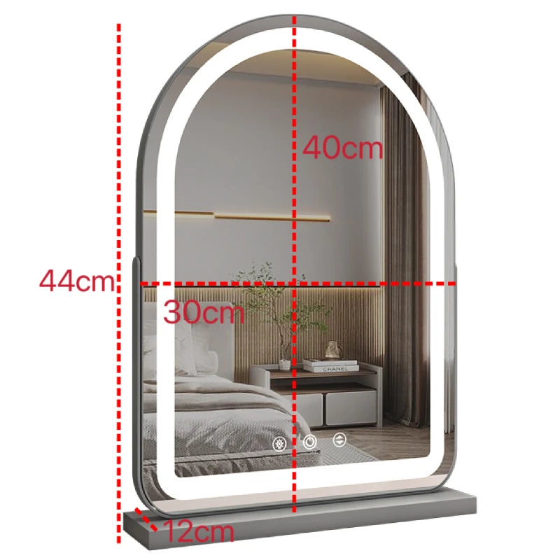 LED Lighted Arched Large Vanity Lighted Makeup Mirror for Bedroom Smart Touch Control 3 Color Lighting Modes Detachable 15x