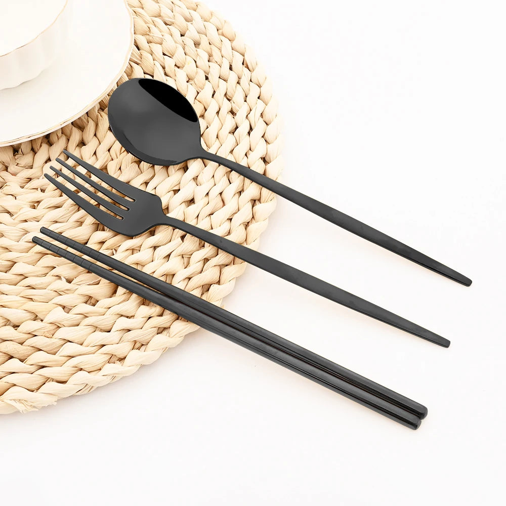 36pcs Black Gold Cutlery Set Knife Fork Spoon Chopsticks Dinnerware Set Stainless Steel Cake Forks Teaspoons Tableware Flatware