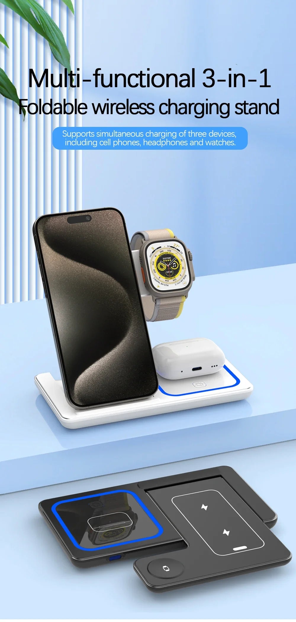 3 In 1 Wireless Charger Stand Pad Foldable 15W Fast Charging Dock Station For iPhone 15 14 13 12 Pro Max Apple Watch 8 7 Airpods