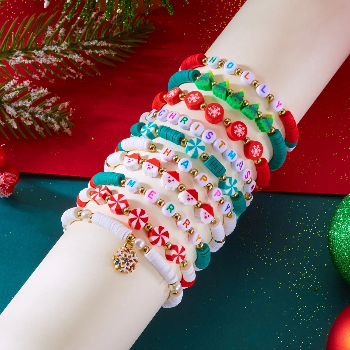 10Pcs/Set Multilayer Christmas Bracelet Snowman Tree Gift Box Snowflake Santa Claus Soft Clay Beads Bangle For Women Men Jewelry