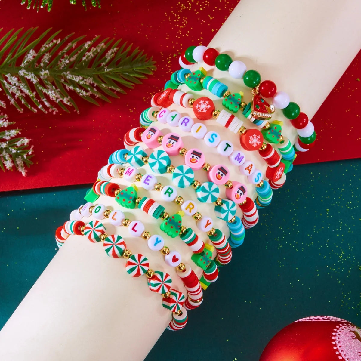 10Pcs/Set Multilayer Christmas Bracelet Snowman Tree Gift Box Snowflake Santa Claus Soft Clay Beads Bangle For Women Men Jewelry