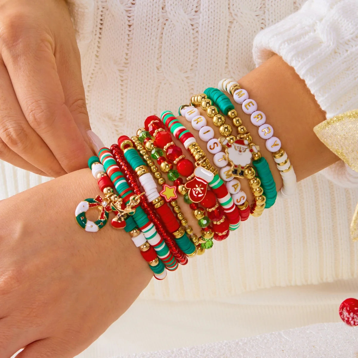 12Pcs/Set Christmas Bracelet Set Santa Claus Wreath Reindeer Xmas Tree Soft Clay Beaded Holiday Party Jewelry Gift For Women Men