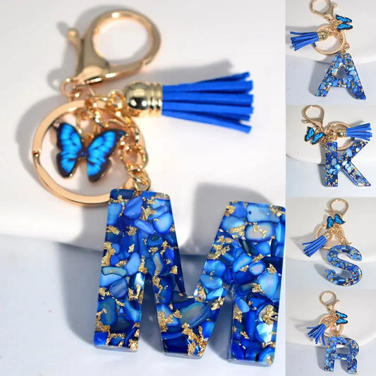 Personalized Glazed Stone Letter Keychain – Elegant A–Z Monogram with Tassel & Butterfly