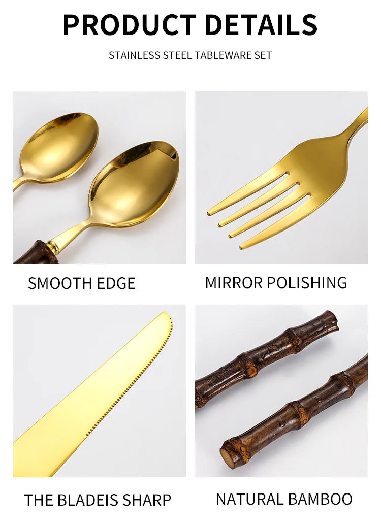 Black Nature Bamboo Dinnerware Sets Stainless Steel Upscale Cutlery Fork Spoon Home Kitchen Tableware Gold and Silver