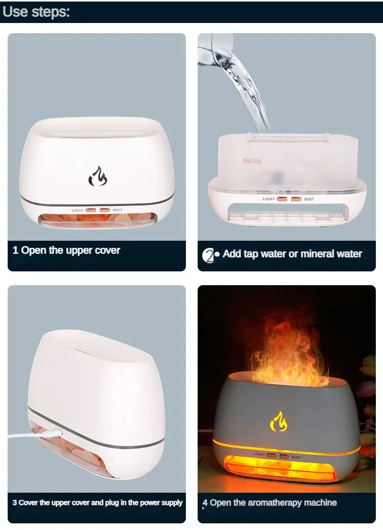 New 3D Flame Fire Aroma Air Humidifier Himalayan Crystal Salt Stone Colorful Night Light Aromatherapy Essential Oil Diffuser