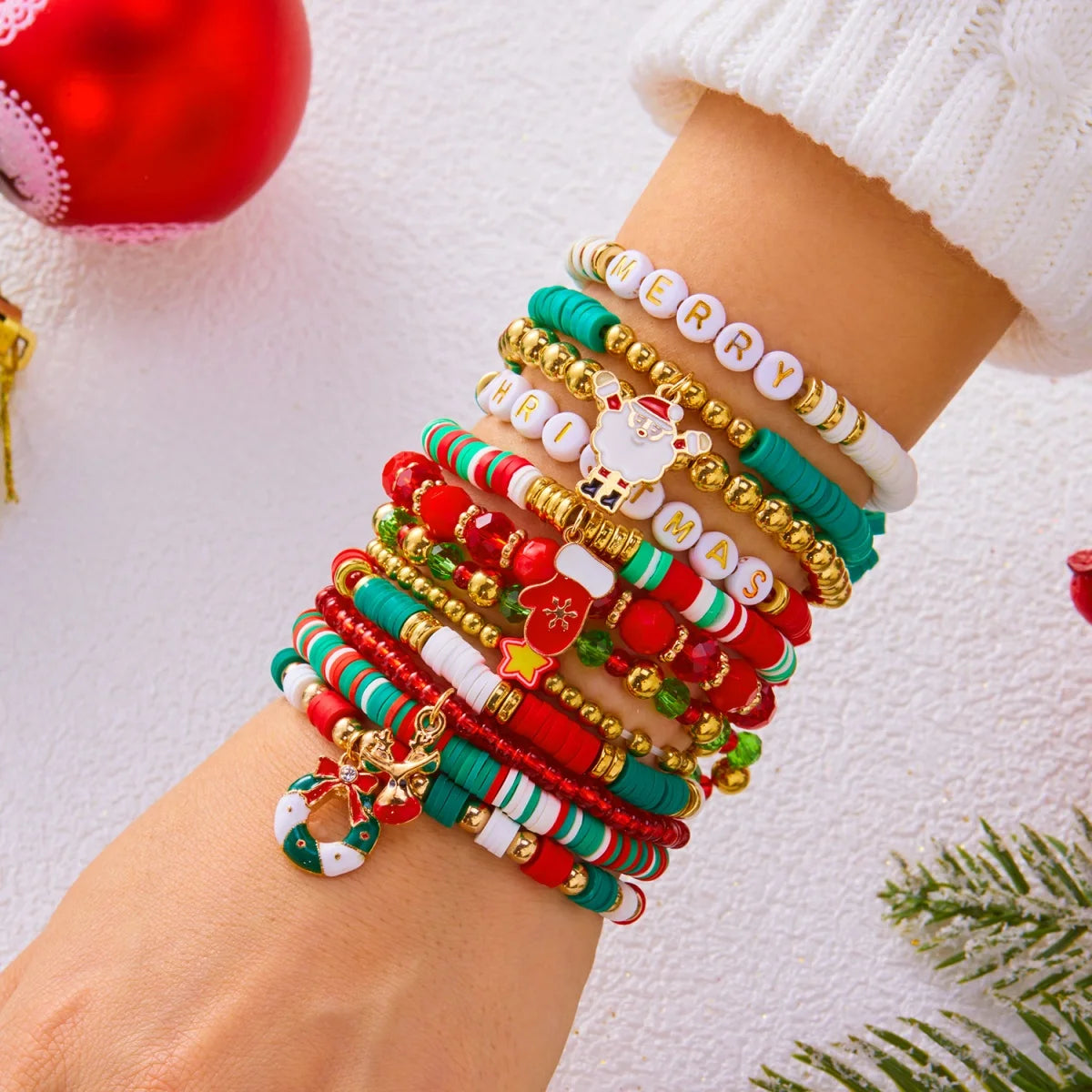 12Pcs/Set Christmas Bracelet Set Santa Claus Wreath Reindeer Xmas Tree Soft Clay Beaded Holiday Party Jewelry Gift For Women Men