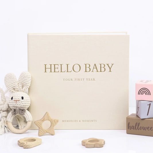 ERATOPIC Linen Fabric Golden Logo Hello Baby Memory Keepsake Book Hidden Spiral Binding Baby Memory Journal For Baby Shower