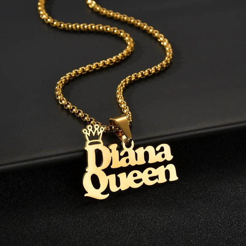Royal Elegance: Custom Stainless Steel Name Necklace with Crown Pendant & Thick Chain