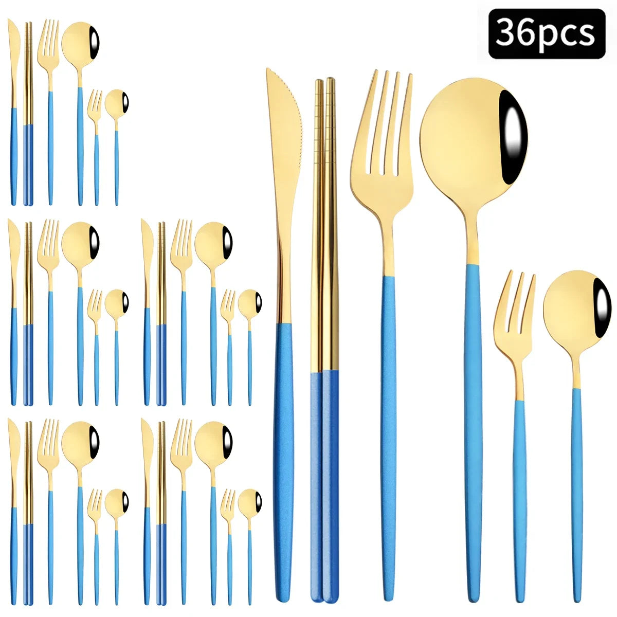 36pcs Black Gold Cutlery Set Knife Fork Spoon Chopsticks Dinnerware Set Stainless Steel Cake Forks Teaspoons Tableware Flatware