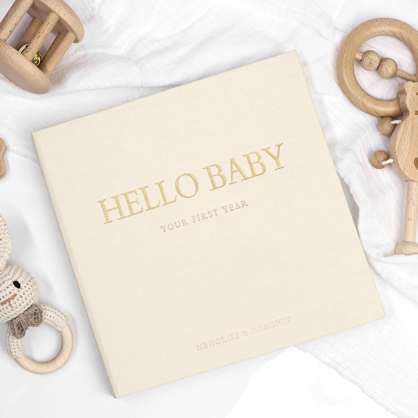 ERATOPIC Linen Fabric Golden Logo Hello Baby Memory Keepsake Book Hidden Spiral Binding Baby Memory Journal For Baby Shower